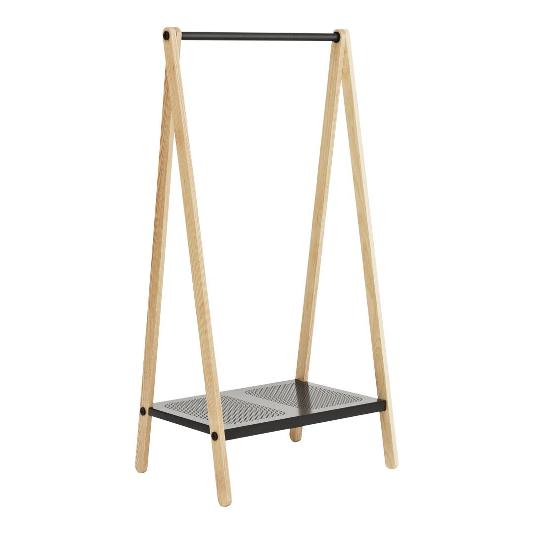 Natural wood and black accents create a modern, minimalist clothing rack with a sleek design.