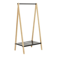 Natural wood and black accents create a modern, minimalist clothing rack with a sleek design.