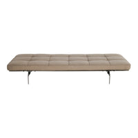 Beige tufted mattress with a smooth, minimalist design and chrome legs. Ideal for modern interiors.