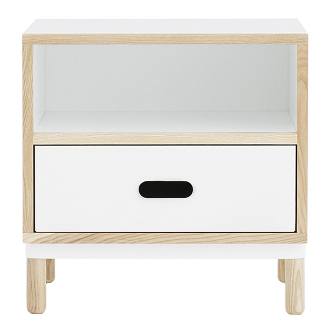 Scandinavian-style nightstand in white with natural wood accents and a sleek black drawer handle.