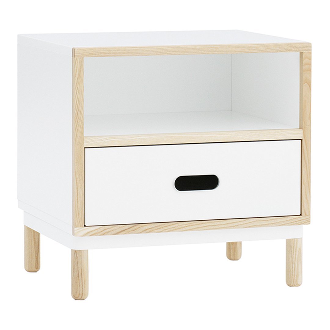 White nightstand with natural wood accents and a sleek drawer design. Modern and minimalist aesthetic.