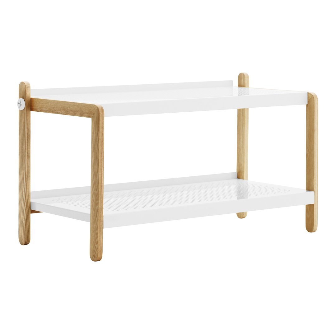 White two-tier shelf with natural wood legs, featuring a sleek, minimalist design perfect for modern decor.