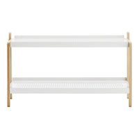 "White two-tier shelf with natural wood accents and a simple, modern design."
