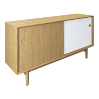 Natural wood grain with a white sliding door, featuring a modern minimalist design.
