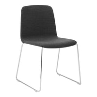 Modern gray upholstered chair with chrome legs, featuring a minimalistic design and subtle texture.