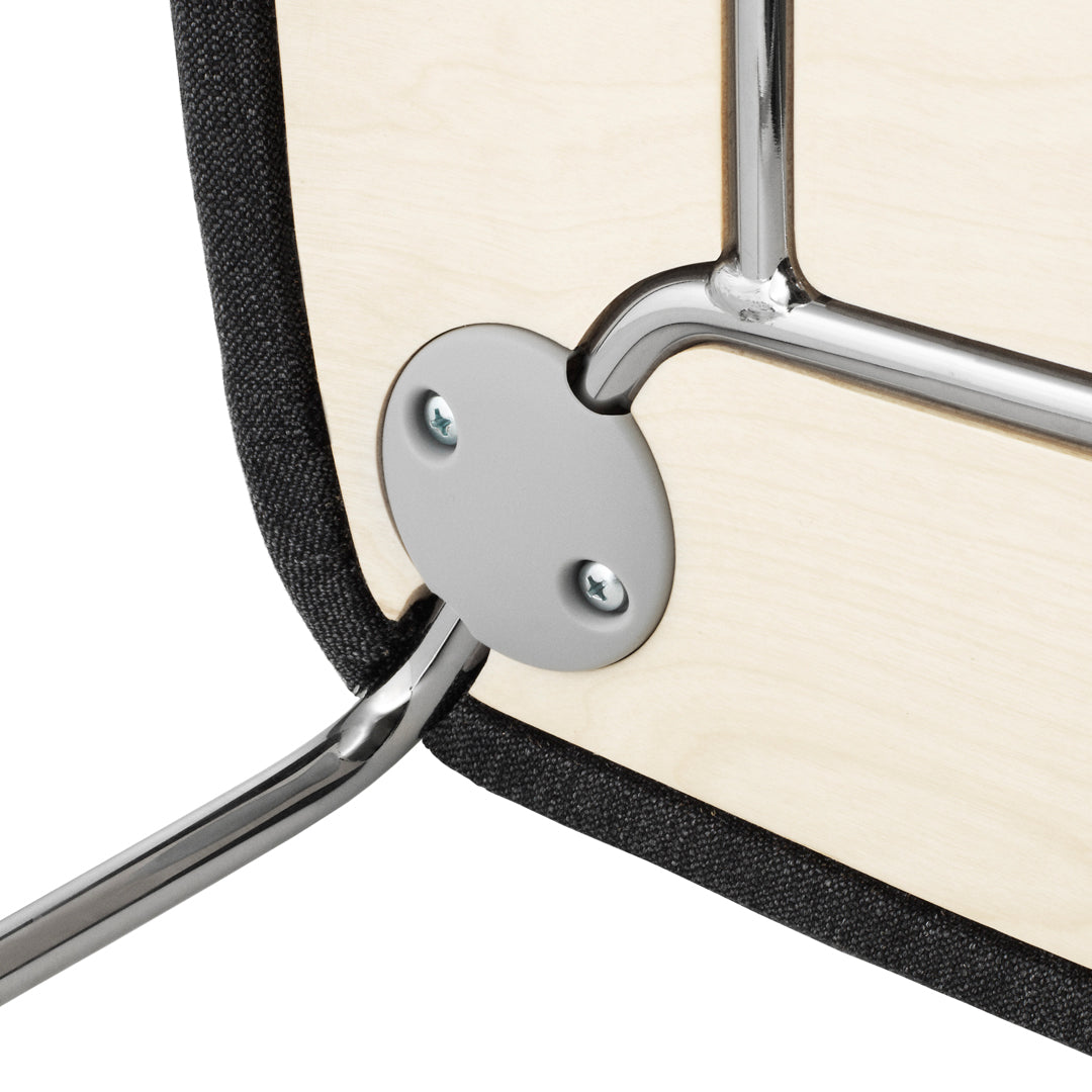 Black fabric edge, smooth silver metal joints, and natural wood finish, showcasing sleek, modern design elements.