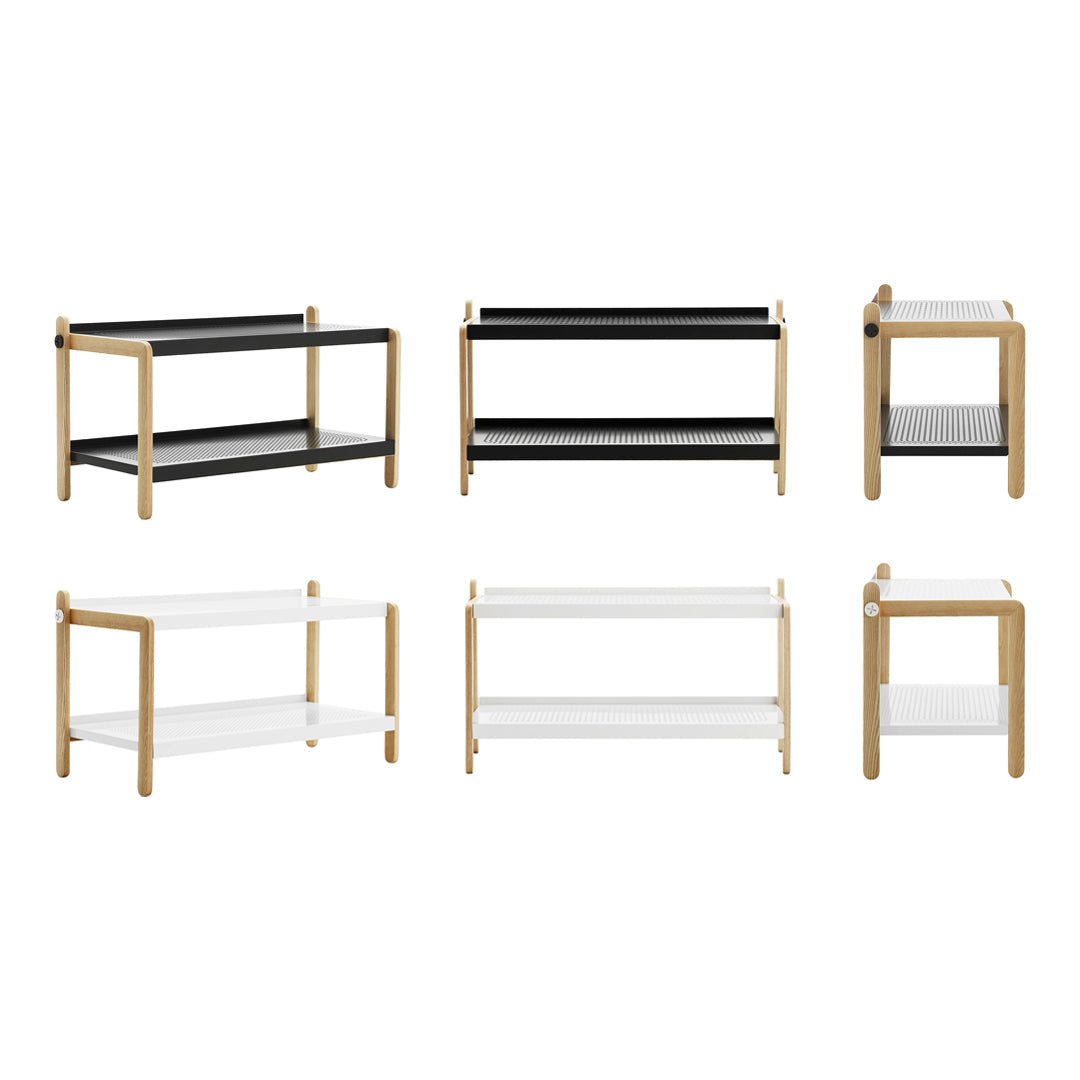 Multi-color modern shelving units featuring black and white surfaces with natural wood accents.