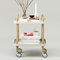 Light gray and natural wood two-tier rolling cart with minimal design and functional aesthetic.