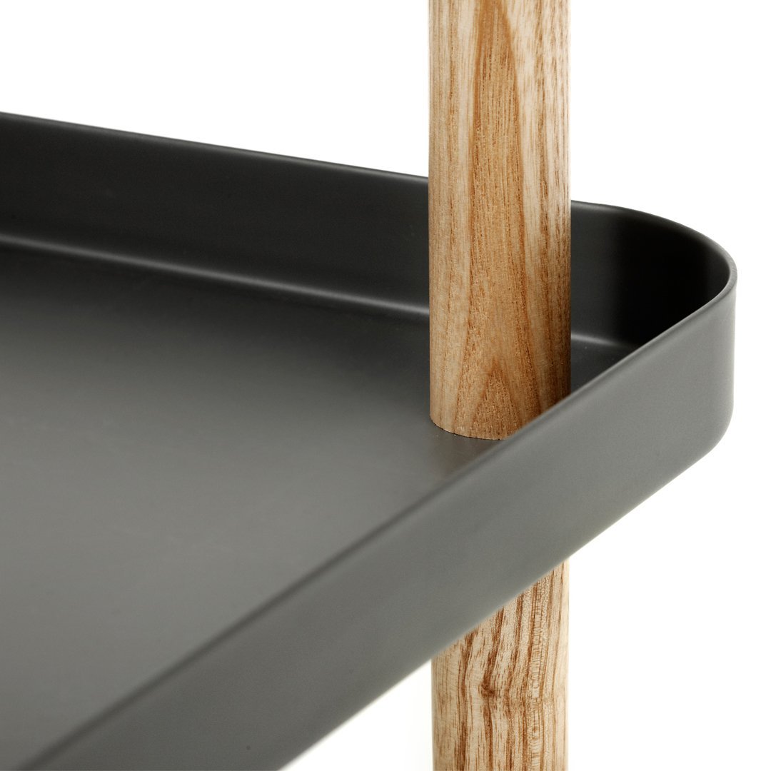 Black metal tray with wooden legs featuring a smooth, modern design and simple, clean lines.
