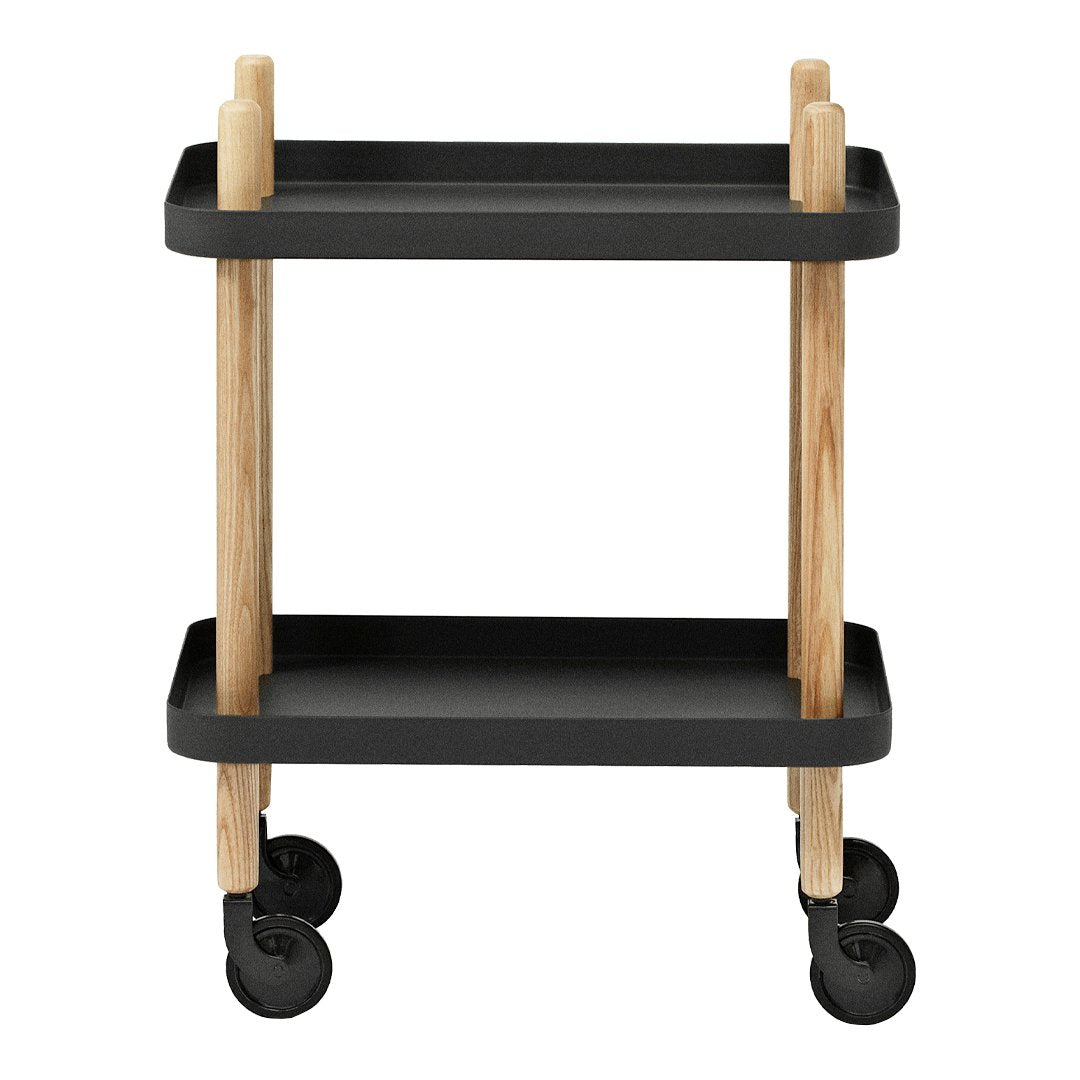 Black two-tier rolling cart with natural wood accents and minimalistic design, ideal for modern spaces.