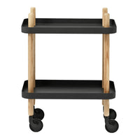 Black two-tier rolling cart with natural wood accents and minimalistic design, ideal for modern spaces.