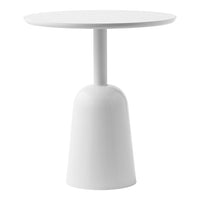 Modern white round table with a smooth surface and a sleek, minimalist design. Perfect for contemporary spaces.