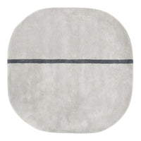 Soft gray round rug with a subtle texture and a dark gray horizontal line pattern. Perfect for modern decor.