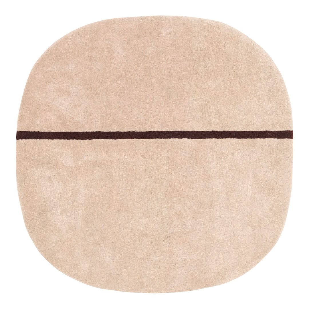 Soft beige round rug with a subtle dark brown horizontal line pattern. Elegant and modern design for any space.