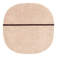 Soft beige round rug with a subtle dark brown horizontal line pattern. Elegant and modern design for any space.