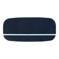 Navy blue rectangular mat with a light blue stripe across the center, featuring a soft, plush texture.