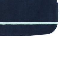Navy blue fabric with a light blue horizontal stripe across the bottom, featuring a smooth texture.