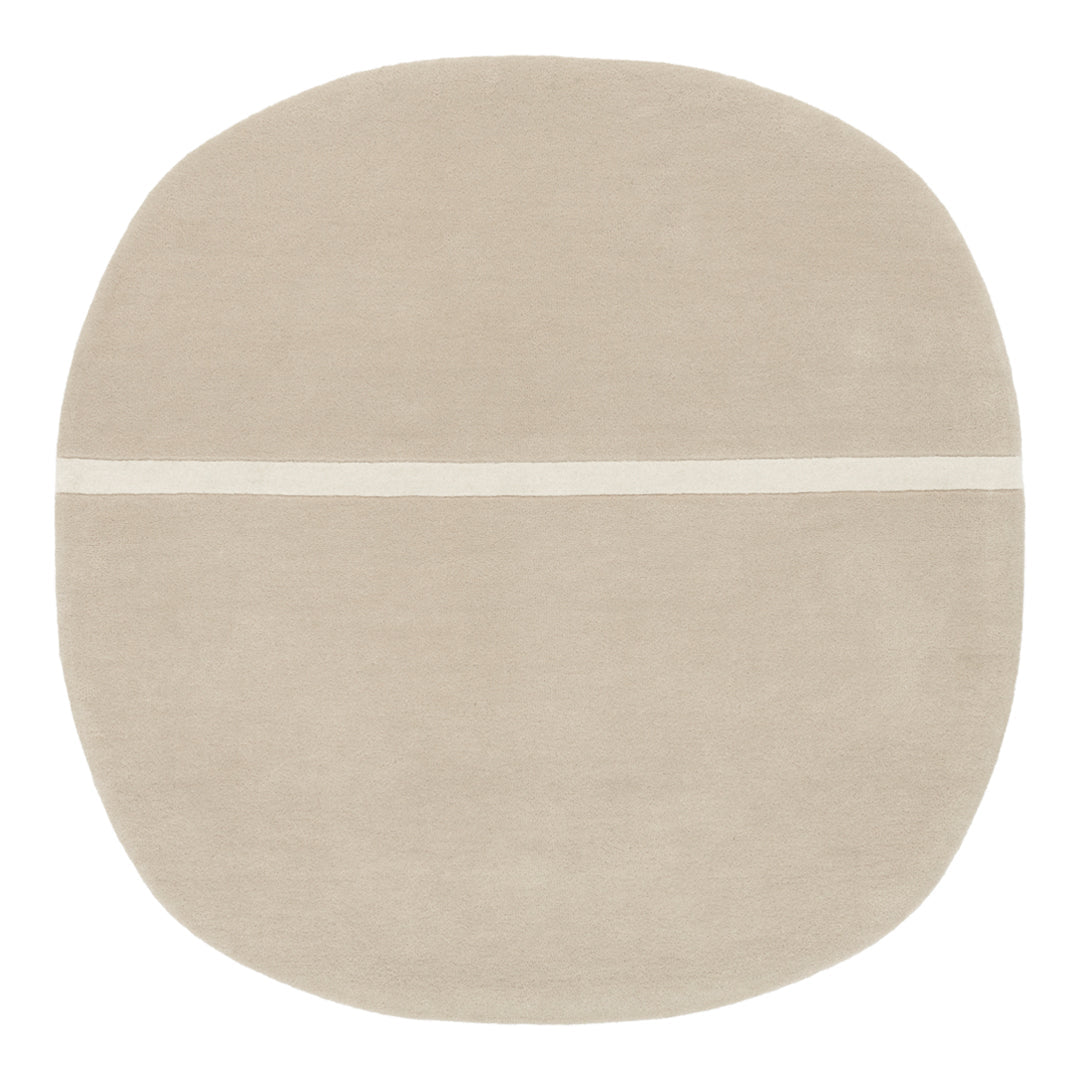 Beige circular rug featuring a minimalist design with a subtle white stripe across the center.