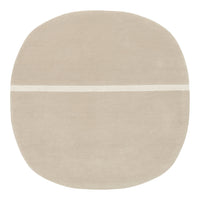 Beige circular rug featuring a minimalist design with a subtle white stripe across the center.