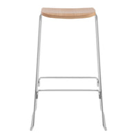Light wood seat with a sleek chrome frame; minimalist design perfect for modern decor.