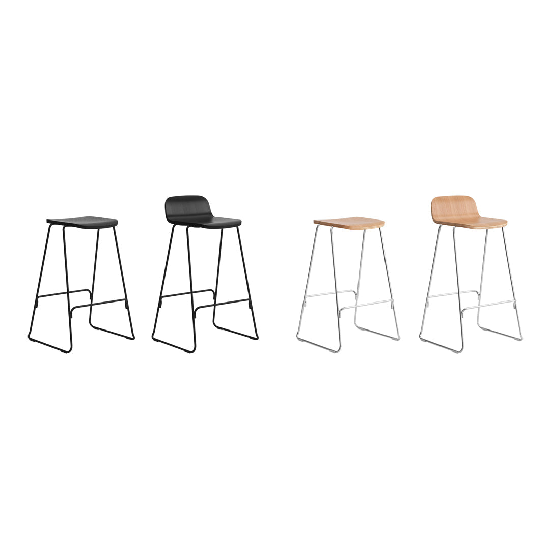 Modern bar stools in black and natural wood finishes with sleek metal legs, featuring minimalistic design and smooth lines.