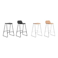 Modern bar stools in black and natural wood finishes with sleek metal legs, featuring minimalistic design and smooth lines.