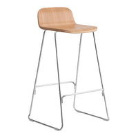 Natural wood bar stool with a sleek chrome frame, featuring a minimalistic design and smooth, light wood grain.