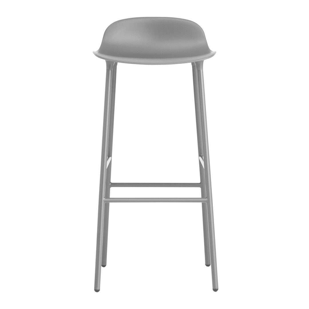Gray modern bar stool with a smooth, curved seat and minimalist metal legs for a sleek look. Ideal for contemporary spaces.