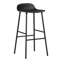 Black modern bar stool with a smooth seat and slender legs, showcasing a sleek, minimalist design.