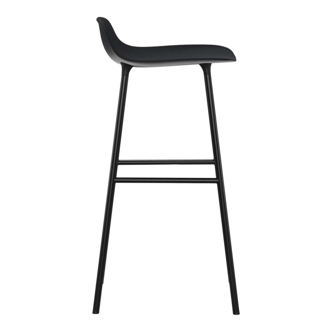 Black minimalist bar stool with sleek lines and a smooth, solid surface. Ideal for modern decor.