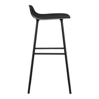 Black minimalist bar stool with sleek lines and a smooth, solid surface. Ideal for modern decor.