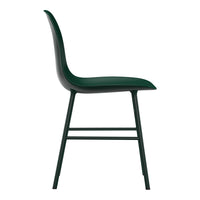 Green curved chair with a sleek design and matte finish, featuring a minimalist aesthetic and sturdy black legs.