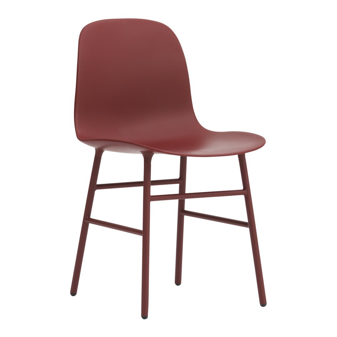 Red modern chair with sleek, minimalist design and smooth, matte finish. Ideal for contemporary spaces.