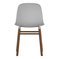 Gray chair with a smooth finish and wooden legs, featuring a minimalist design and subtle contours.