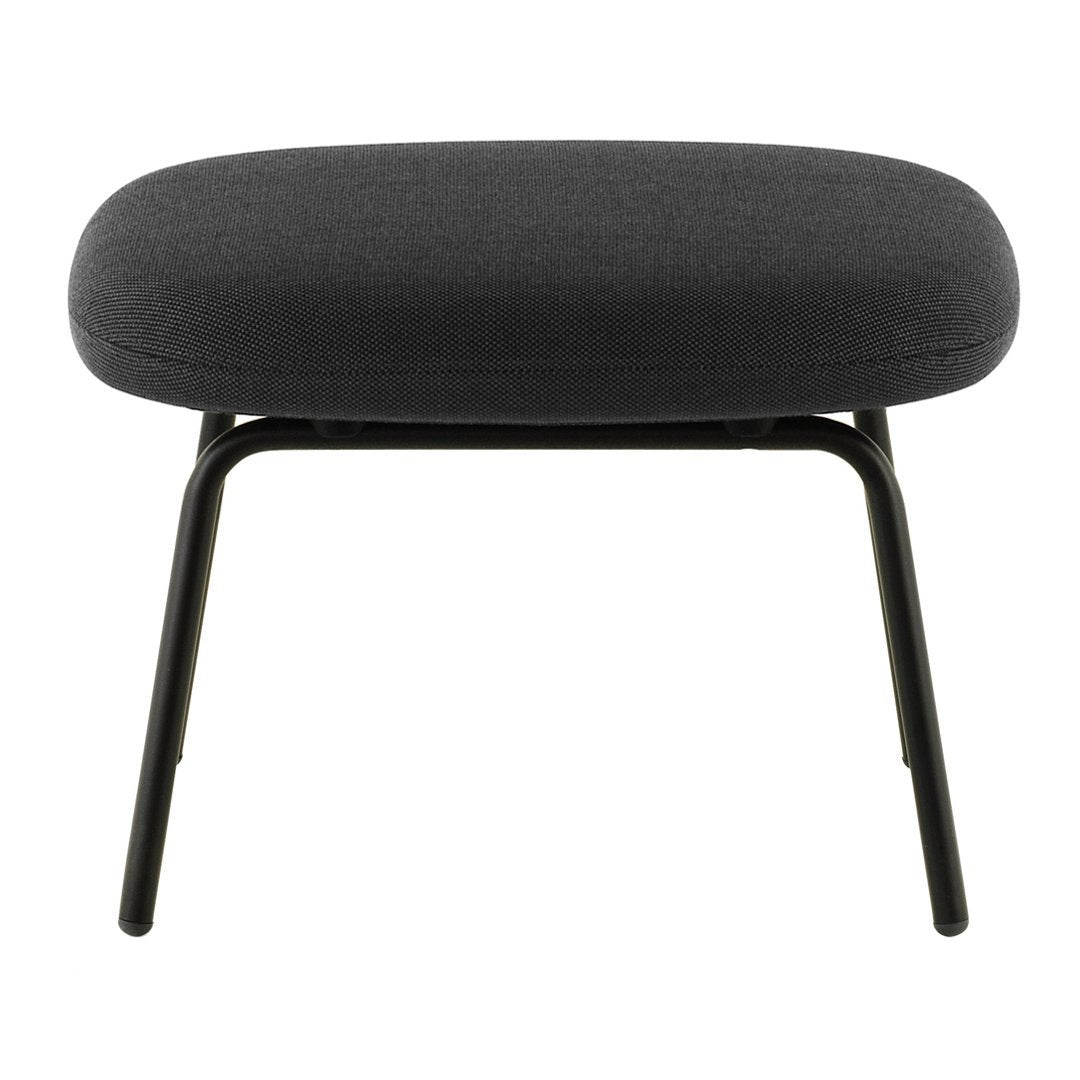 Black upholstered stool with a smooth, rounded design and sleek metal legs, perfect for modern decor.