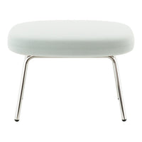 Light blue upholstered ottoman with a smooth, minimalist design and sleek chrome legs. Perfect for modern interiors.