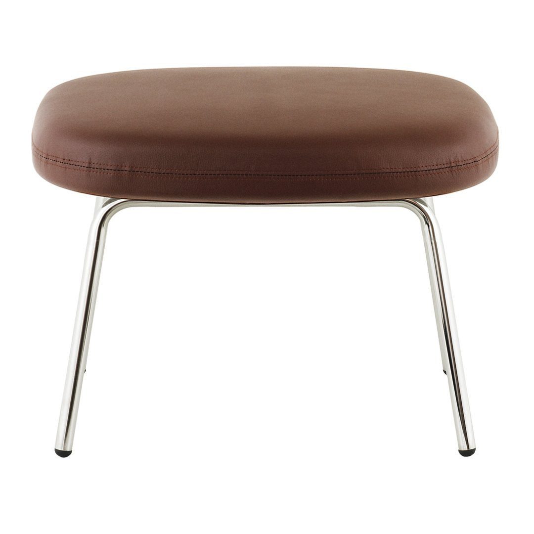 Brown padded ottoman with sleek chrome legs, offering a modern and minimalist design. Perfect for any decor.