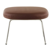 Brown padded ottoman with sleek chrome legs, offering a modern and minimalist design. Perfect for any decor.