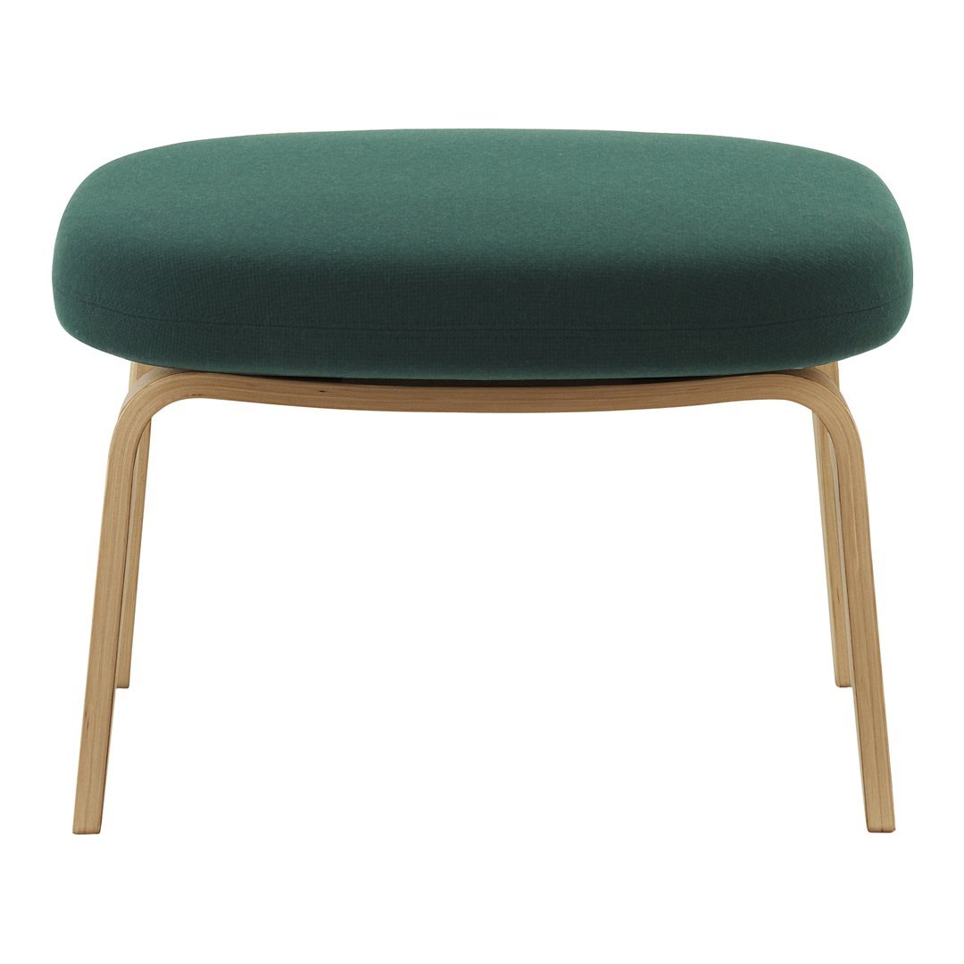 Green upholstered ottoman with a smooth, rounded seat and light wooden legs. Modern, minimalist design.