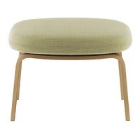 Light green upholstered ottoman with a smooth texture and natural wood legs, enhancing modern decor.