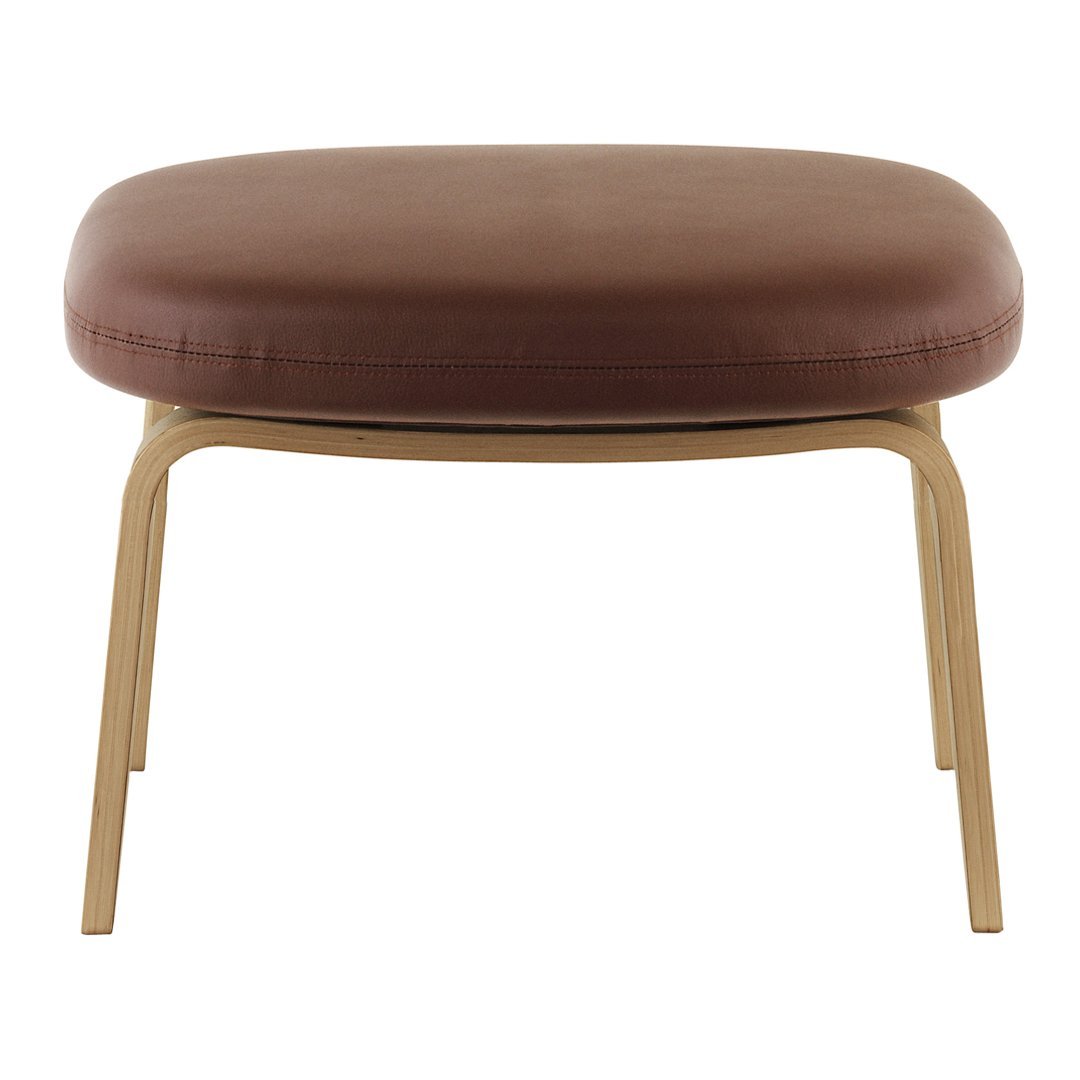Brown upholstered ottoman with a smooth surface and natural wood legs, offering a modern, minimalist design.