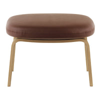 Brown upholstered ottoman with a smooth surface and natural wood legs, offering a modern, minimalist design.