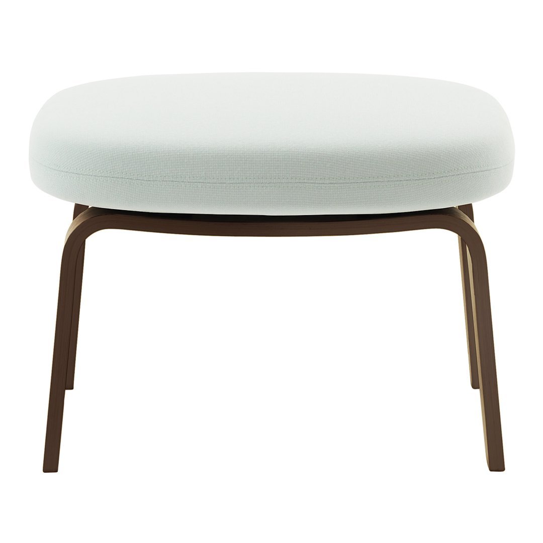 Soft white cushioned ottoman with sleek brown legs, featuring a minimalist and modern design.