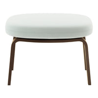 Soft white cushioned ottoman with sleek brown legs, featuring a minimalist and modern design.