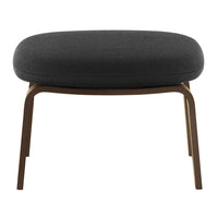 Black upholstered ottoman with a smooth, rounded design and contrasting wooden legs. Perfect for modern decor.