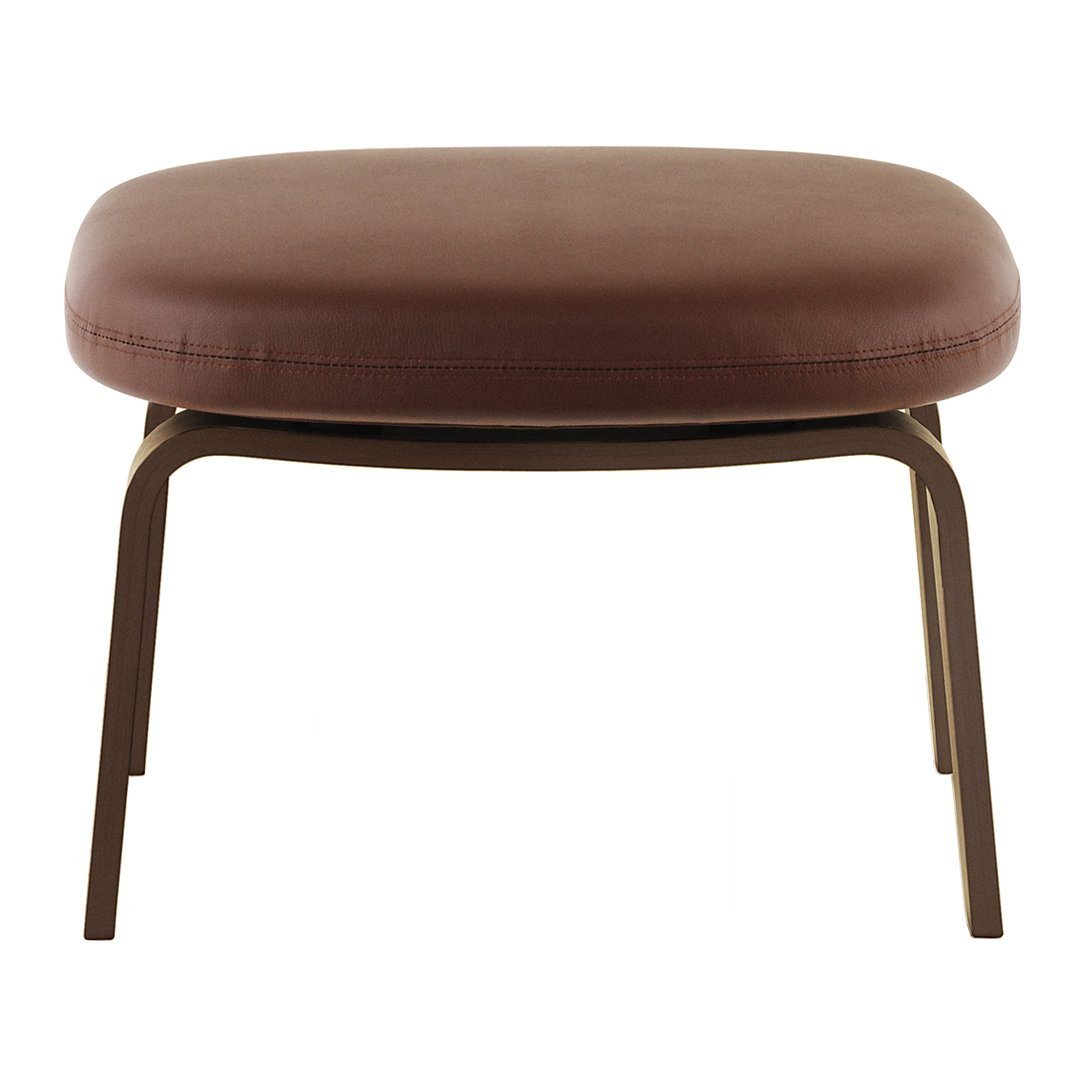 Brown padded ottoman with a smooth finish and sleek metal legs, perfect for modern interiors.