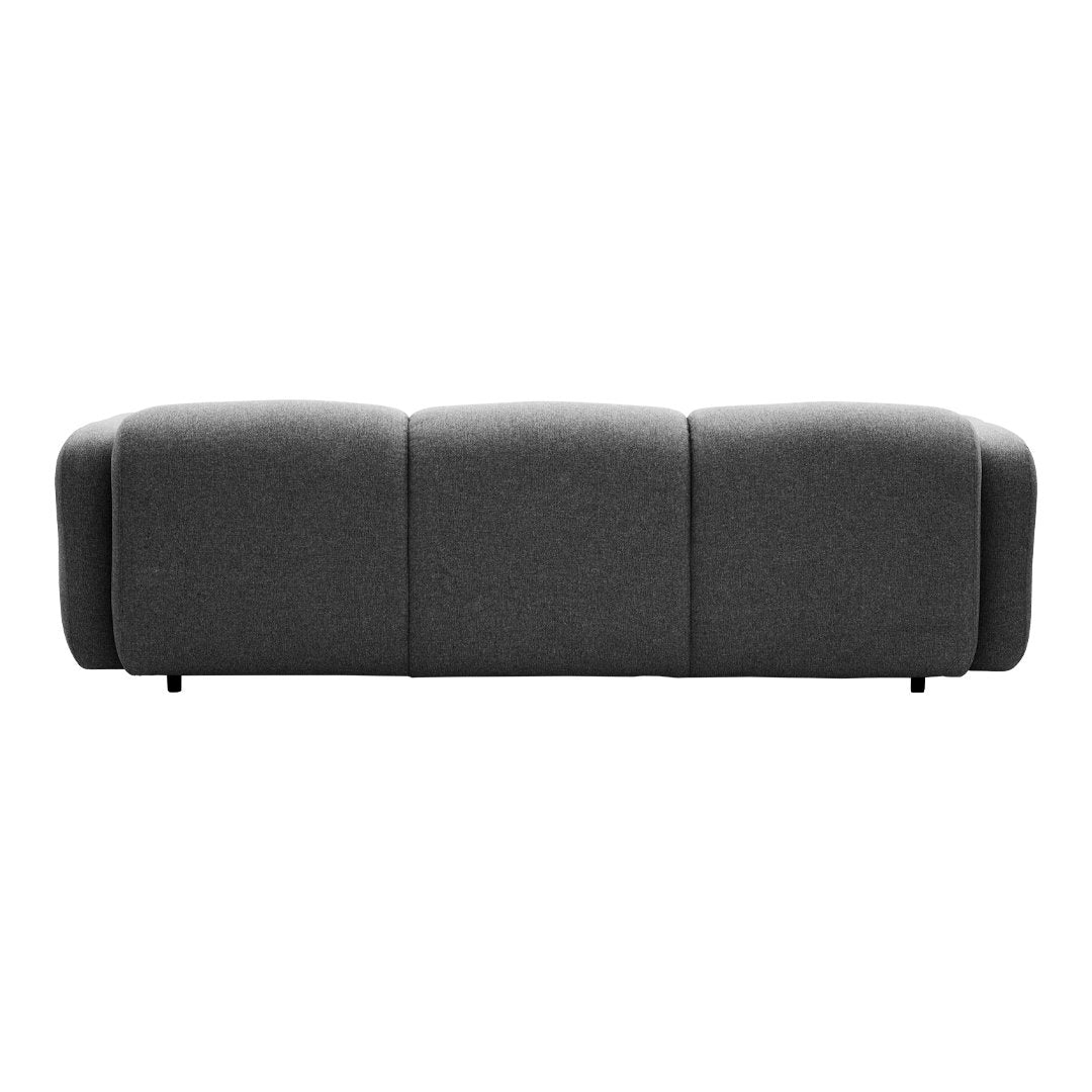Modern gray sofa featuring a smooth, textured fabric with a sleek, minimalist design. Perfect for contemporary decor.