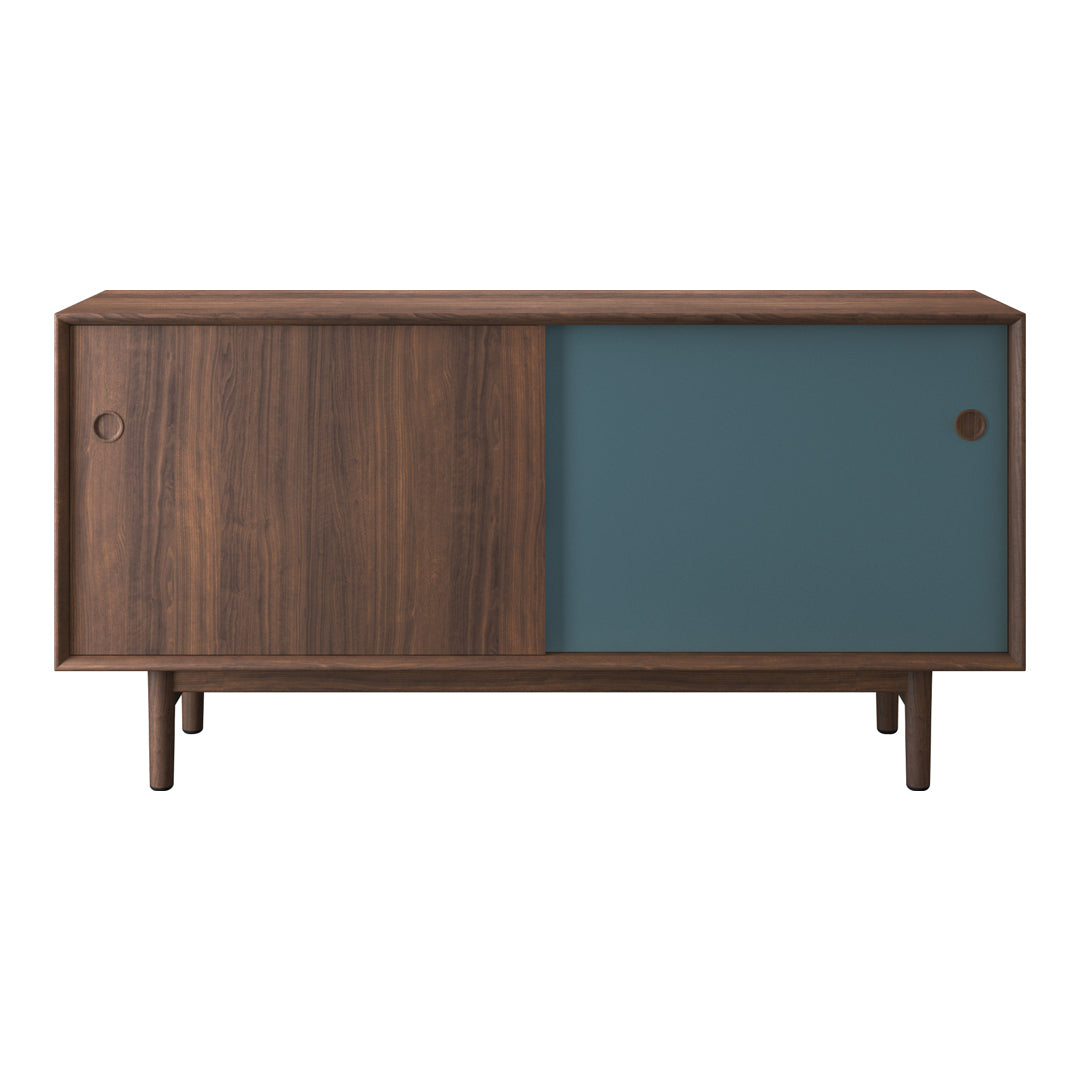 Modern wooden sideboard with a rich walnut finish and a stylish teal panel, featuring clean lines and minimalist design.