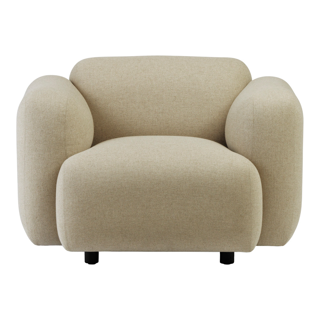 Beige upholstered armchair with a smooth texture and rounded shapes, offering a contemporary, minimalist design.