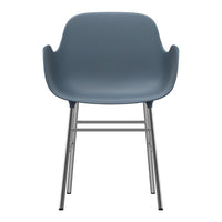 Blue molded chair with smooth finish and sleek silver metal legs, showcasing a modern and minimalist design.